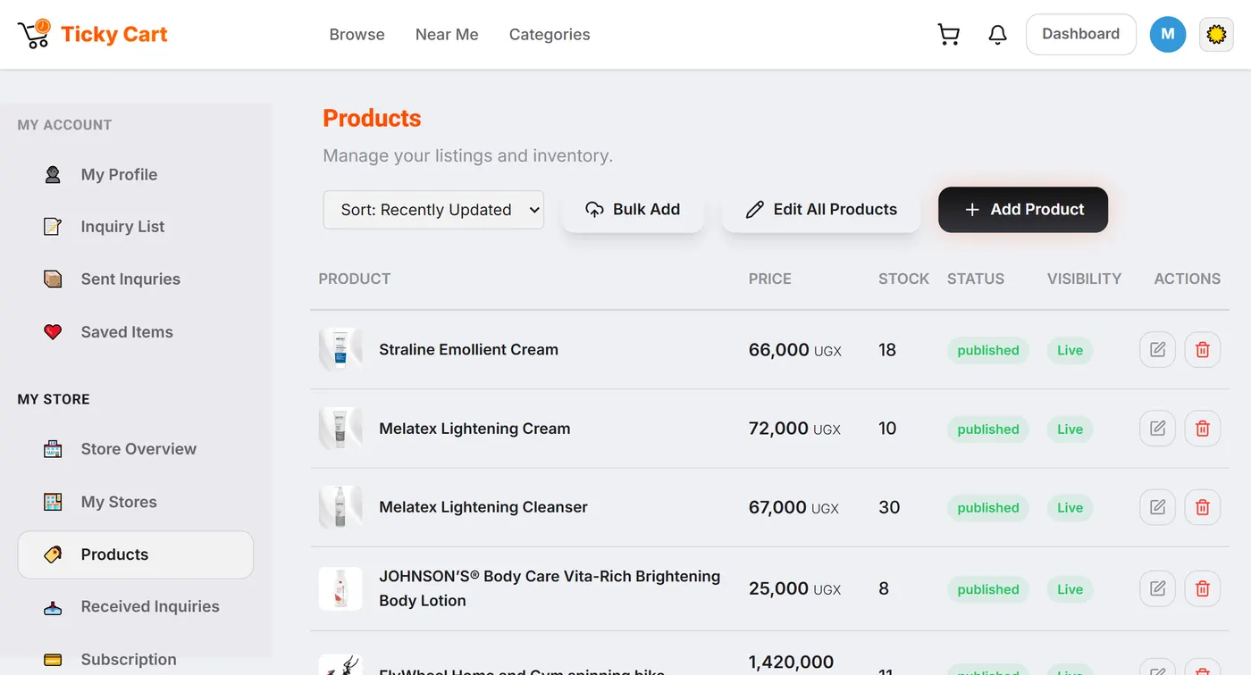 The vendor dashboard listing products, stock and status