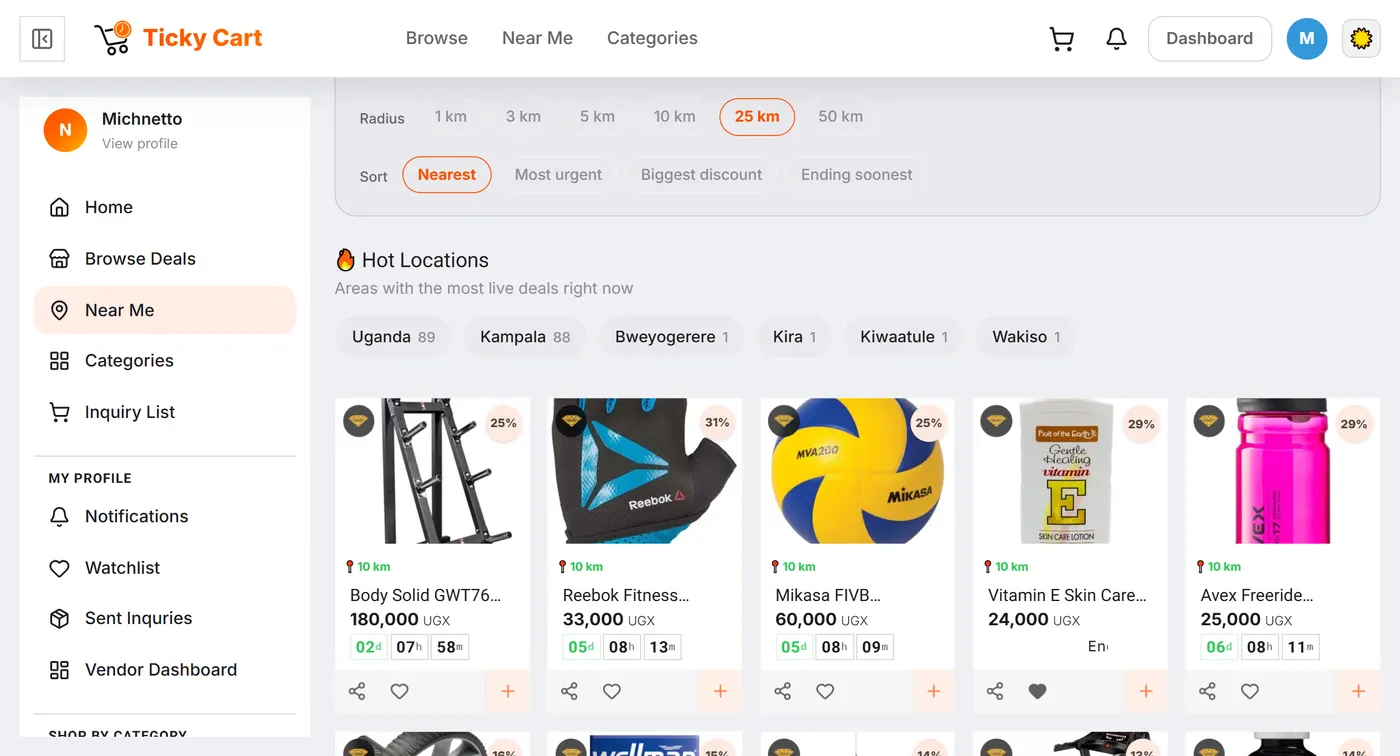 TickyCart Near Me screen: radius filter, hot locations, and a grid of nearby deals with distance and countdown badges