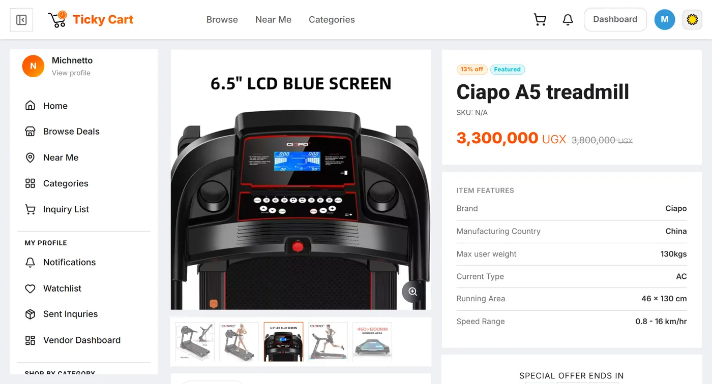 A TickyCart product page: photo gallery, discounted price, countdown and item specs